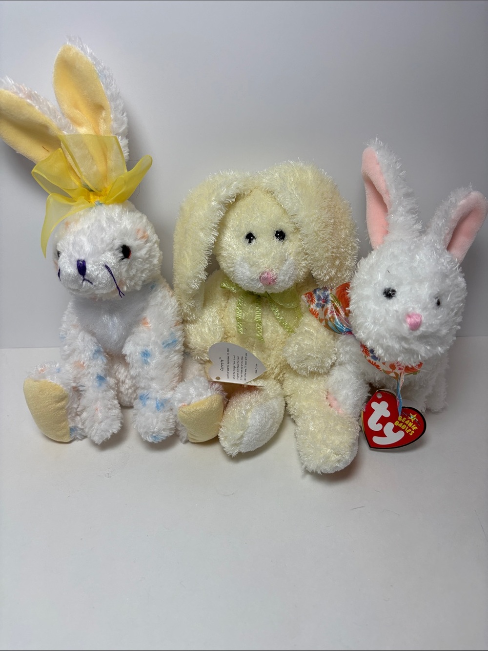 Ty Plush Bunny Trio in White, Pale Yellow and Pastel Accents